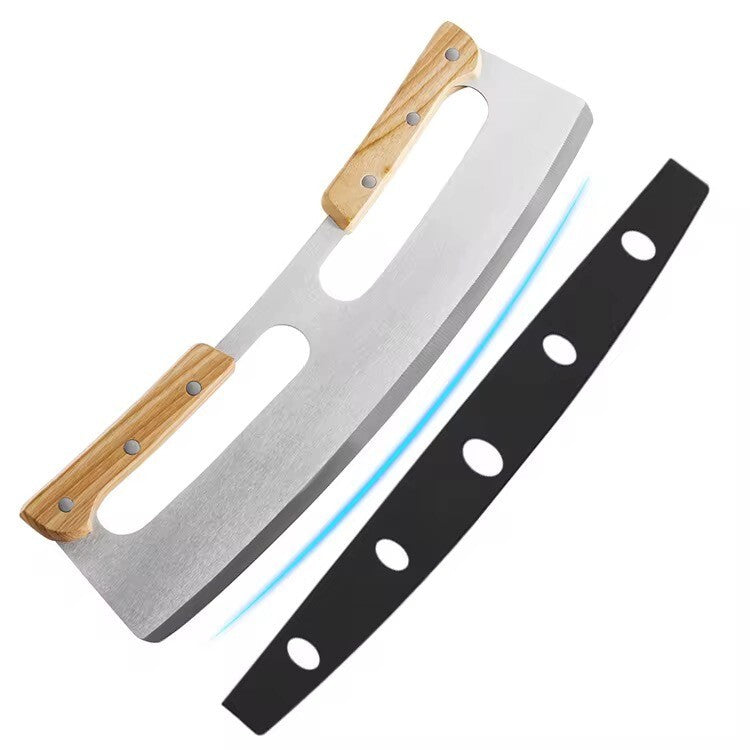 Wiegemesser / Pizzaschneider Edelstahl Klinge & Holzgriff für Pizza Kräuter & co