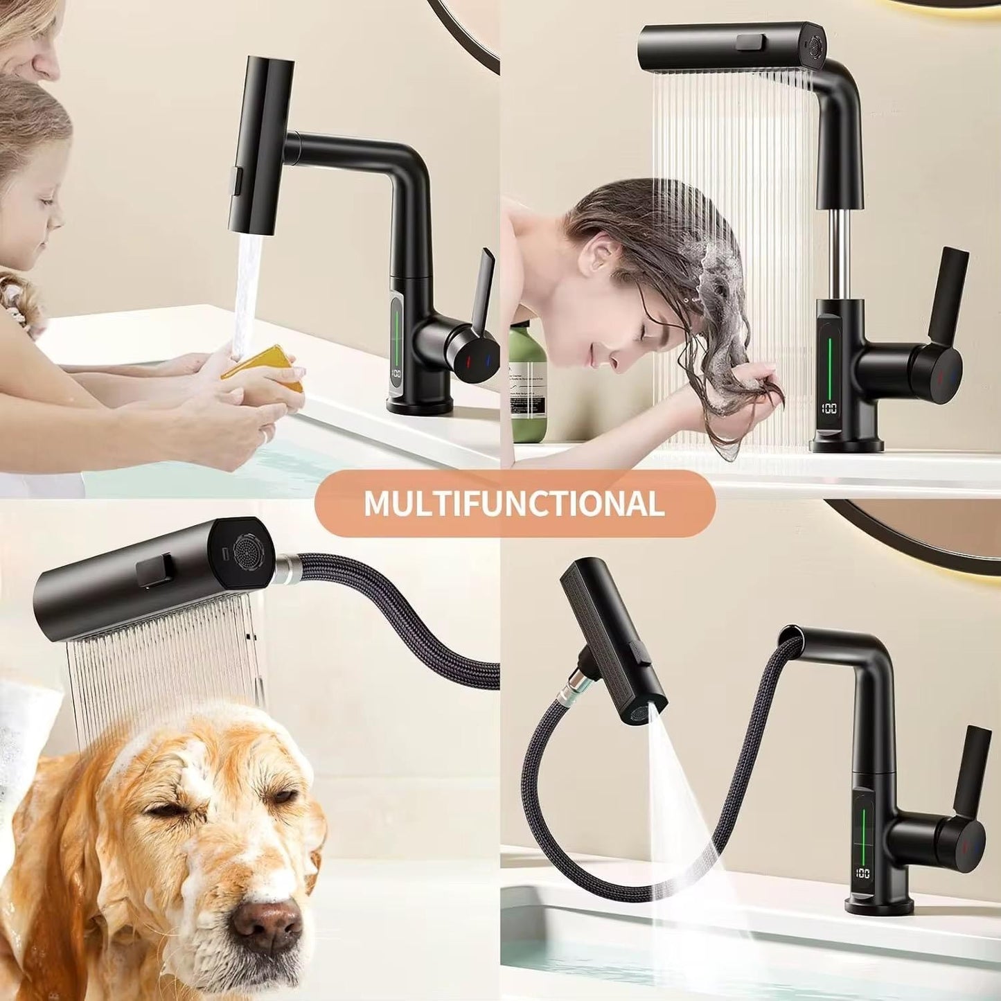 Waschtischarmatur 4-Modus Schwarz Wasserhahn mit Anschluss LED Temperaturanzeige