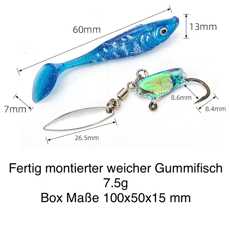 Soft Gummifisch Spinner Köder Set 7,5g fertig montiert inkl. Box – 5 Stück