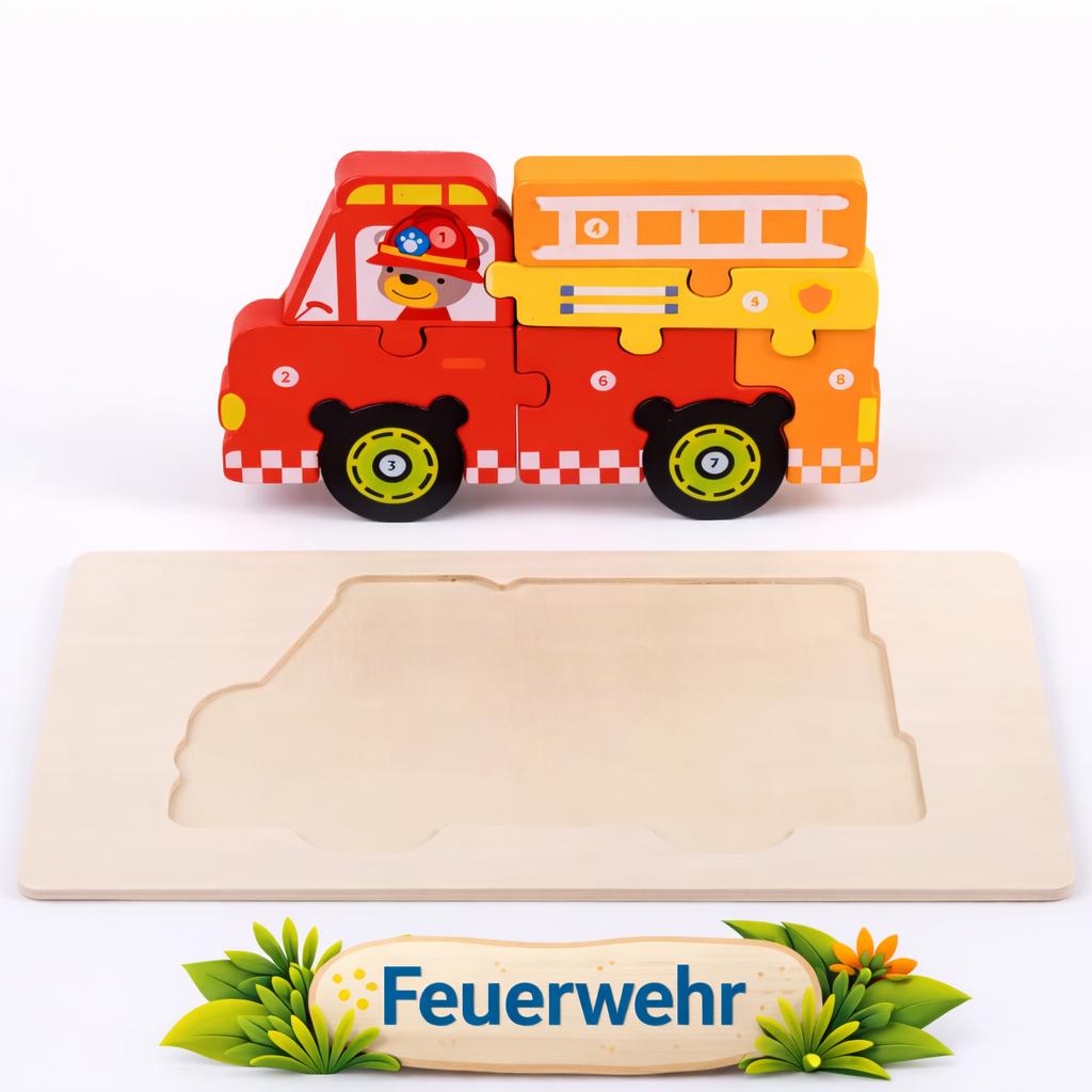 Holz Puzzle Set Kinder Lernspielzeug Einsatzfahrzeug Steckpuzzle Montessori