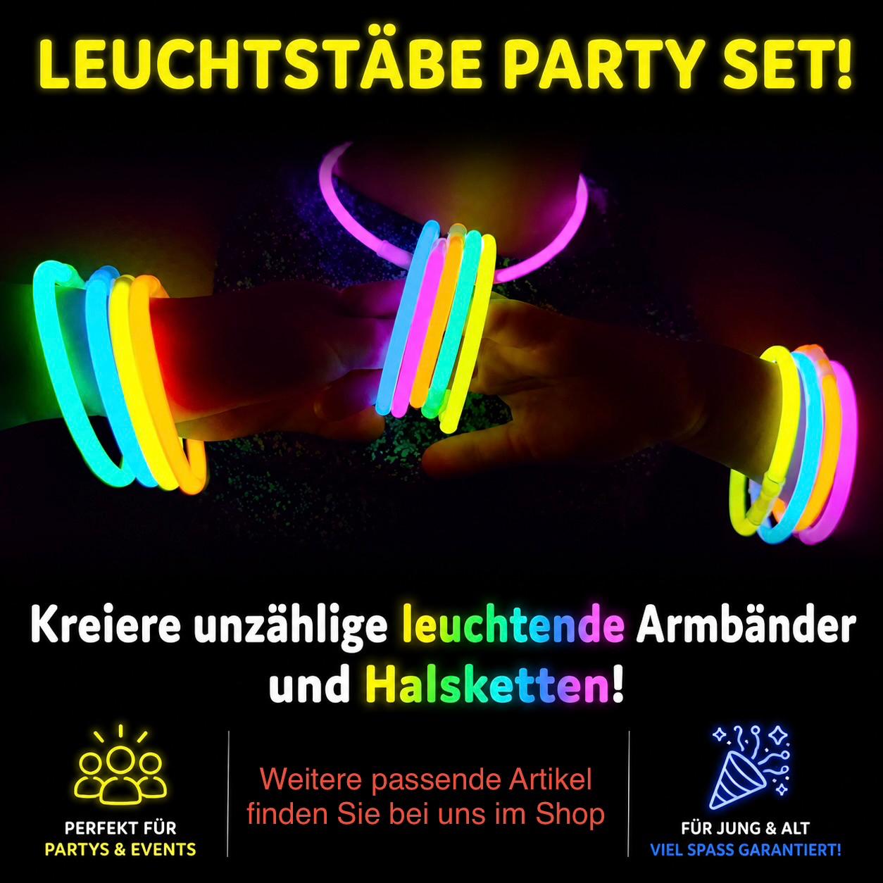 50 Leuchtstäbe Set Glow Sticks Neon Party Armbänder Halsketten Knicklichter