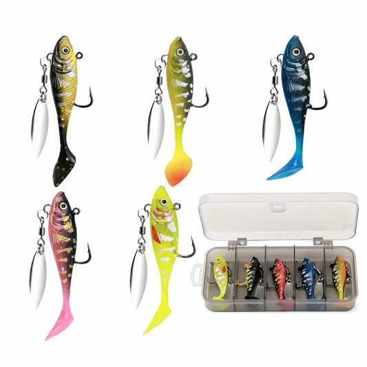Soft Gummifisch Spinner Köder Set 7,5g fertig montiert inkl. Box – 5 Stück