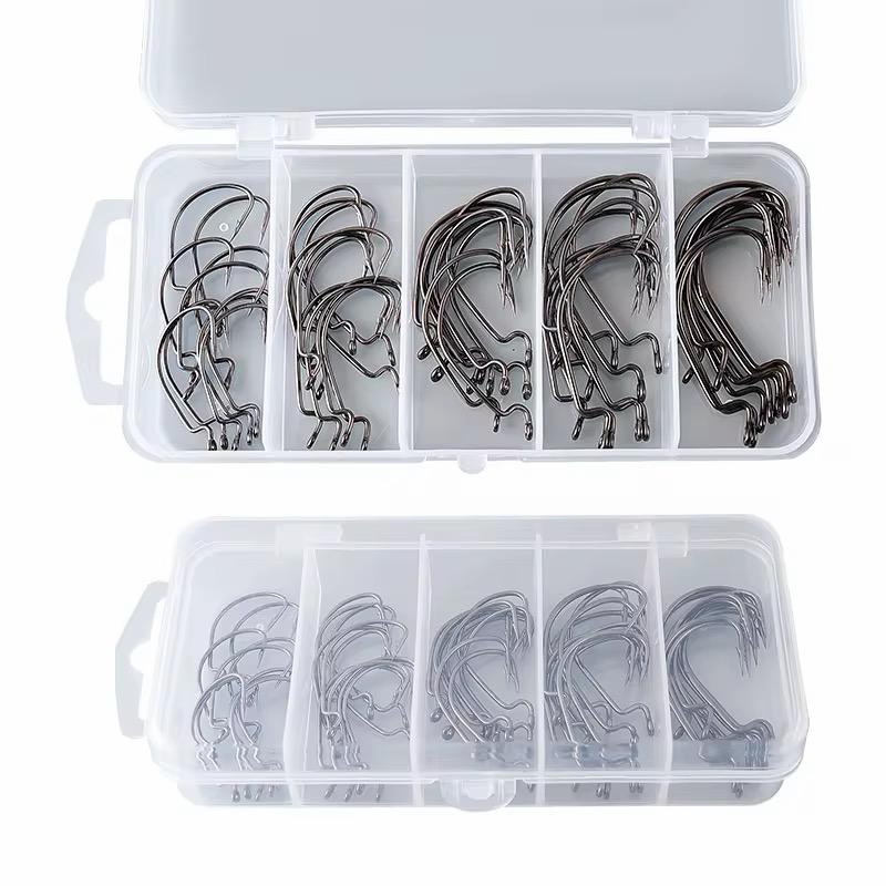 Offsethaken Set 50 Stück Offset Haken Box Raubfisch Angeln Angel Zubehör