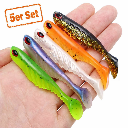 Gummifisch Softbait Shad 70 mm – 5er Set – flexible Kunstköder in verschiedenen Farben