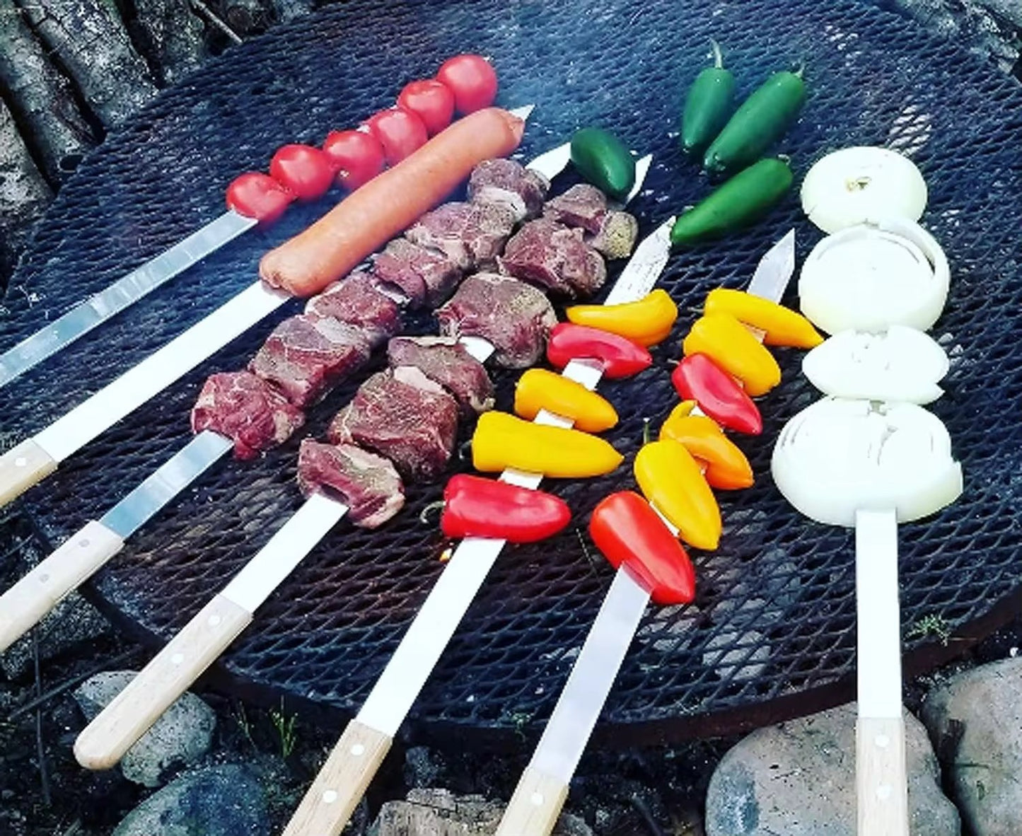 Flache Edelstahl-Grillspieße 42 cm mit Holzgriff + Tasche Ideal für Köfte uvm.
