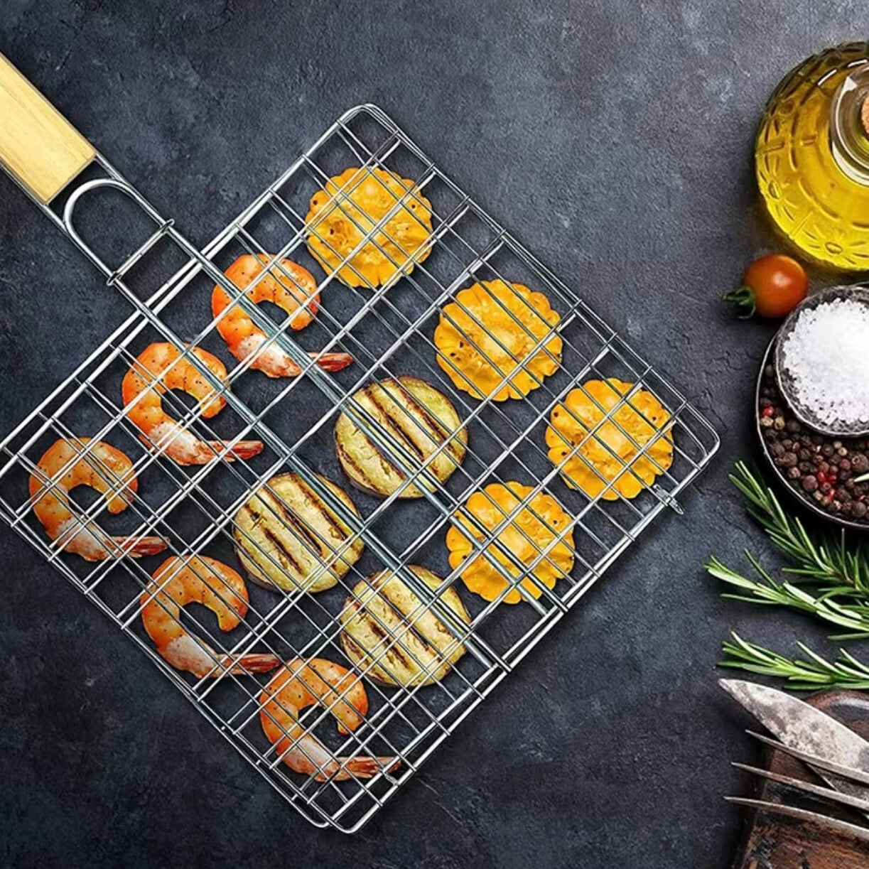 Grillkorb BBQ Set Grillgitter aus Edelstahl Grillwender für Fleisch Fisch & co