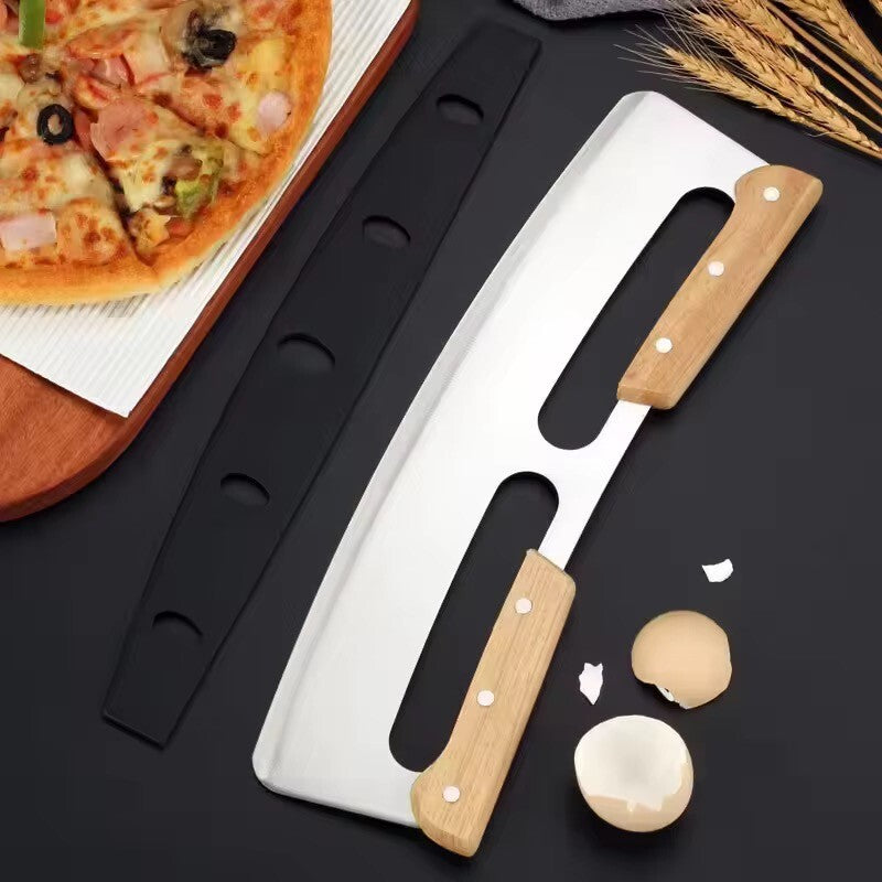 Wiegemesser / Pizzaschneider Edelstahl Klinge & Holzgriff für Pizza Kräuter & co