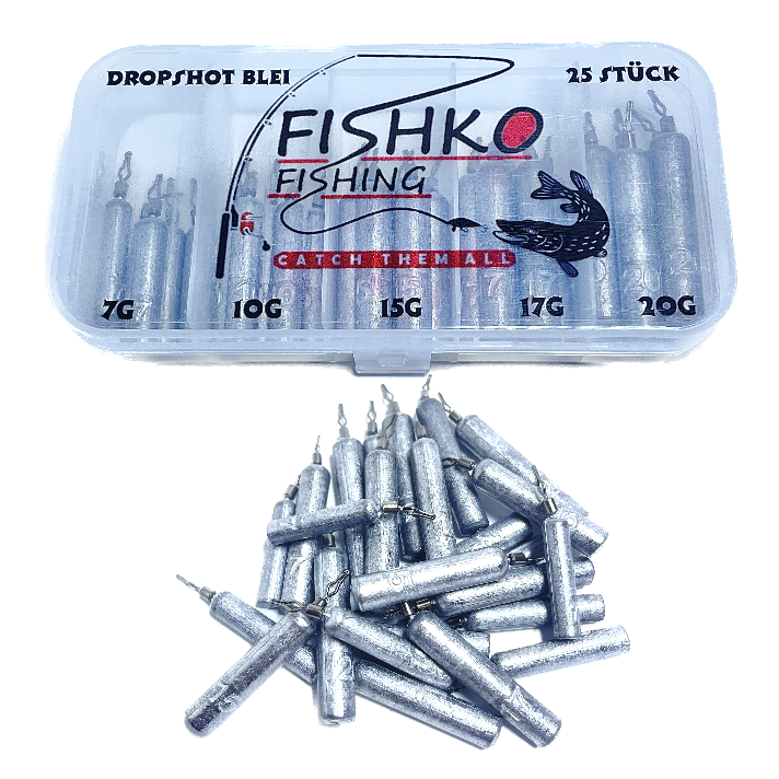 Drop Shot Blei Set 25 Stück 7g/10g/15g/17g/20g je 5 Stk Box Stabblei Klemmblei