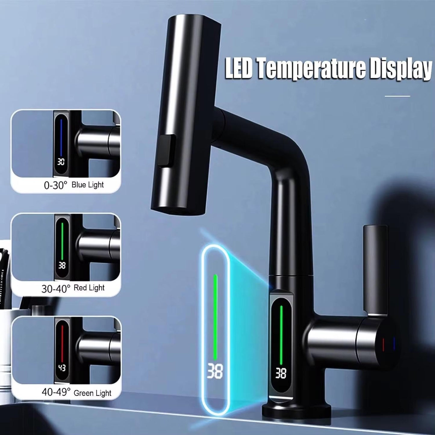 Waschtischarmatur 4-Modus Schwarz Wasserhahn mit Anschluss LED Temperaturanzeige