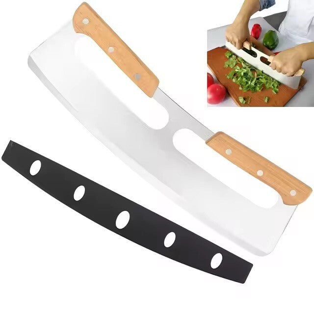 Wiegemesser / Pizzaschneider Edelstahl Klinge & Holzgriff für Pizza Kräuter & co