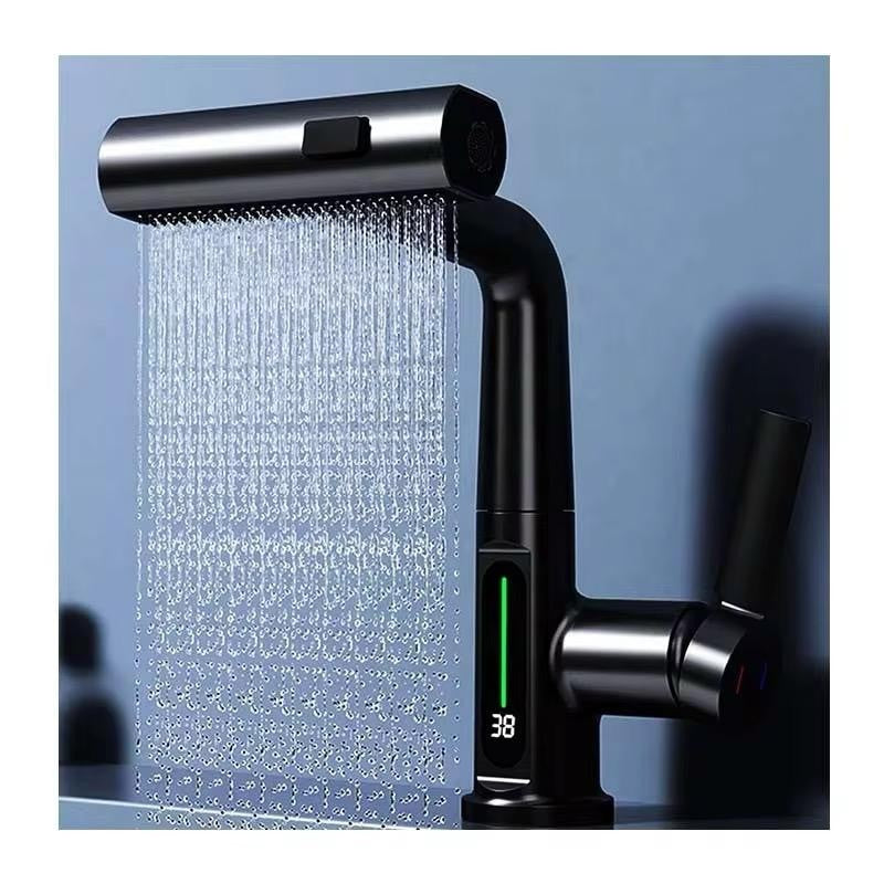 Waschtischarmatur 4-Modus Schwarz Wasserhahn mit Anschluss LED Temperaturanzeige