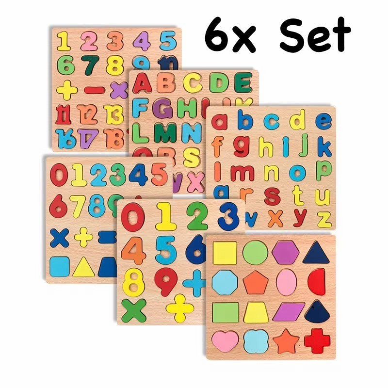 Montessori Holz Lernpuzzle Set – 6-teilig mit Buchstaben, Zahlen & Formen