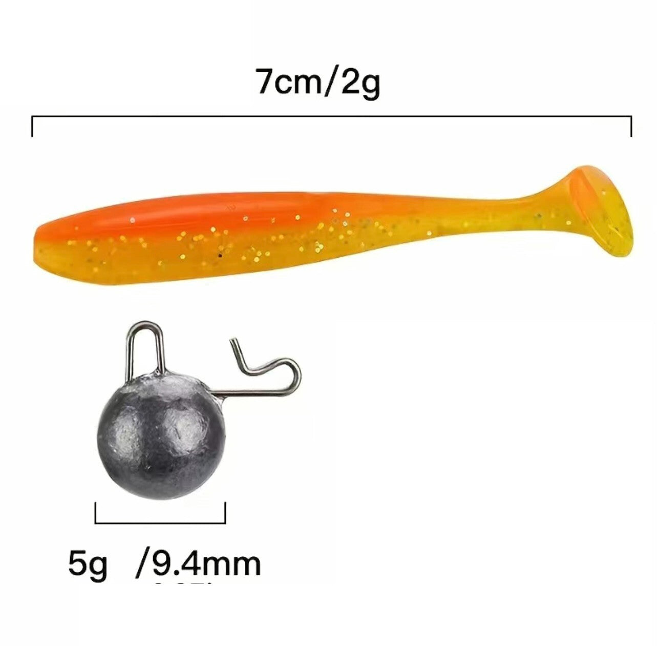 Gummifisch Set 7 cm – Jigkopf & Offset-Haken in Box