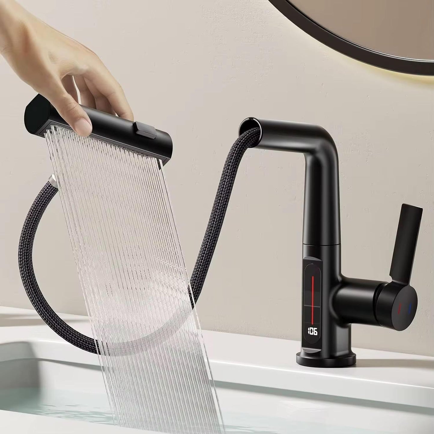 Waschtischarmatur 4-Modus Schwarz Wasserhahn mit Anschluss LED Temperaturanzeige