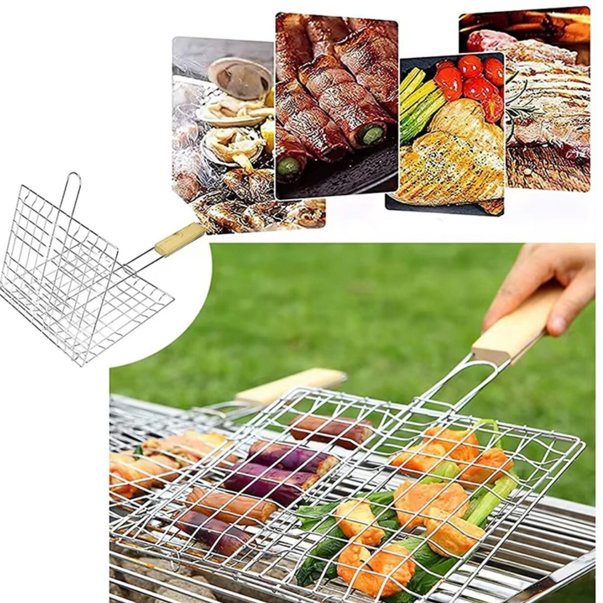 Grillkorb BBQ Set Grillgitter aus Edelstahl Grillwender für Fleisch Fisch & co
