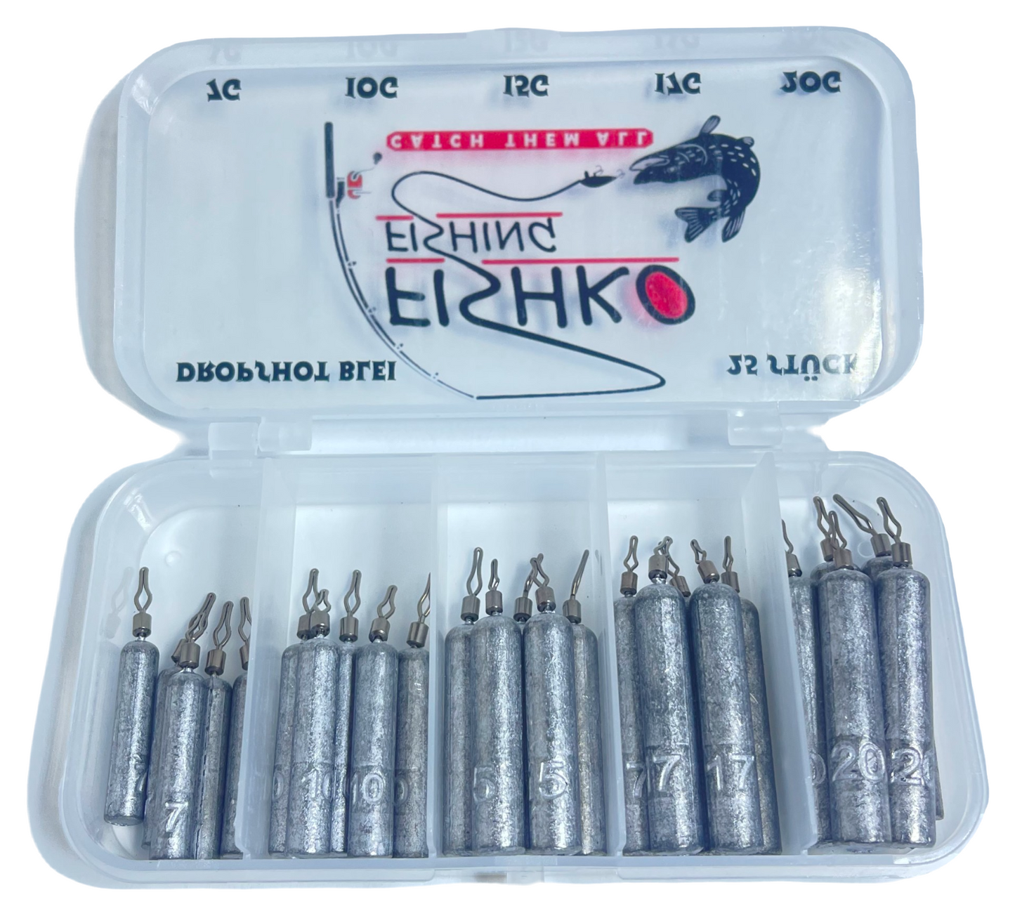 Drop Shot Blei Set 25 Stück 7g/10g/15g/17g/20g je 5 Stk Box Stabblei Klemmblei