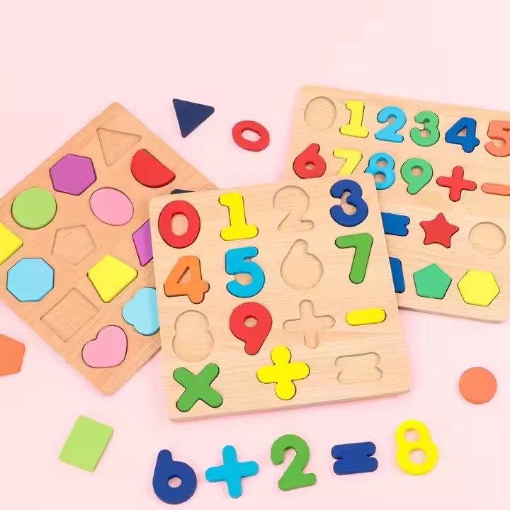Montessori Holz Lernpuzzle Set – 6-teilig mit Buchstaben, Zahlen & Formen
