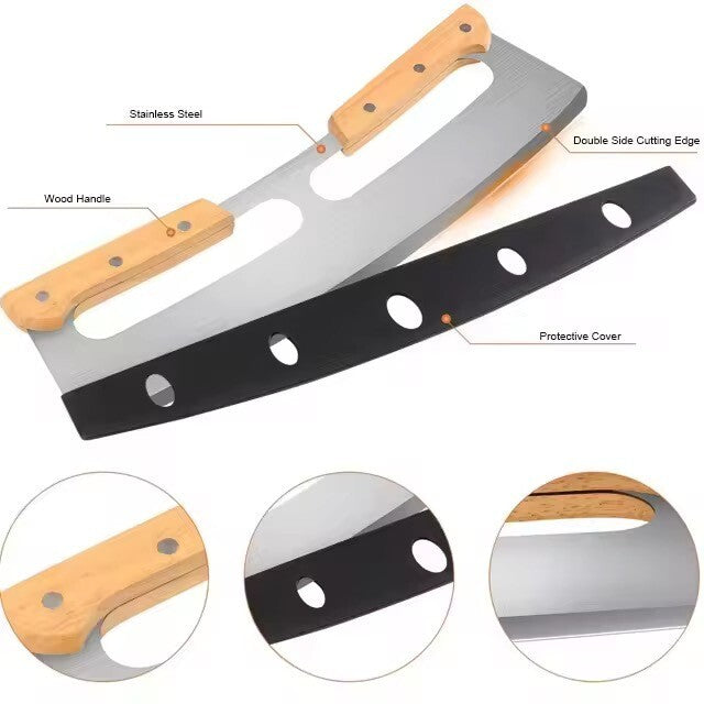 Wiegemesser / Pizzaschneider Edelstahl Klinge & Holzgriff für Pizza Kräuter & co