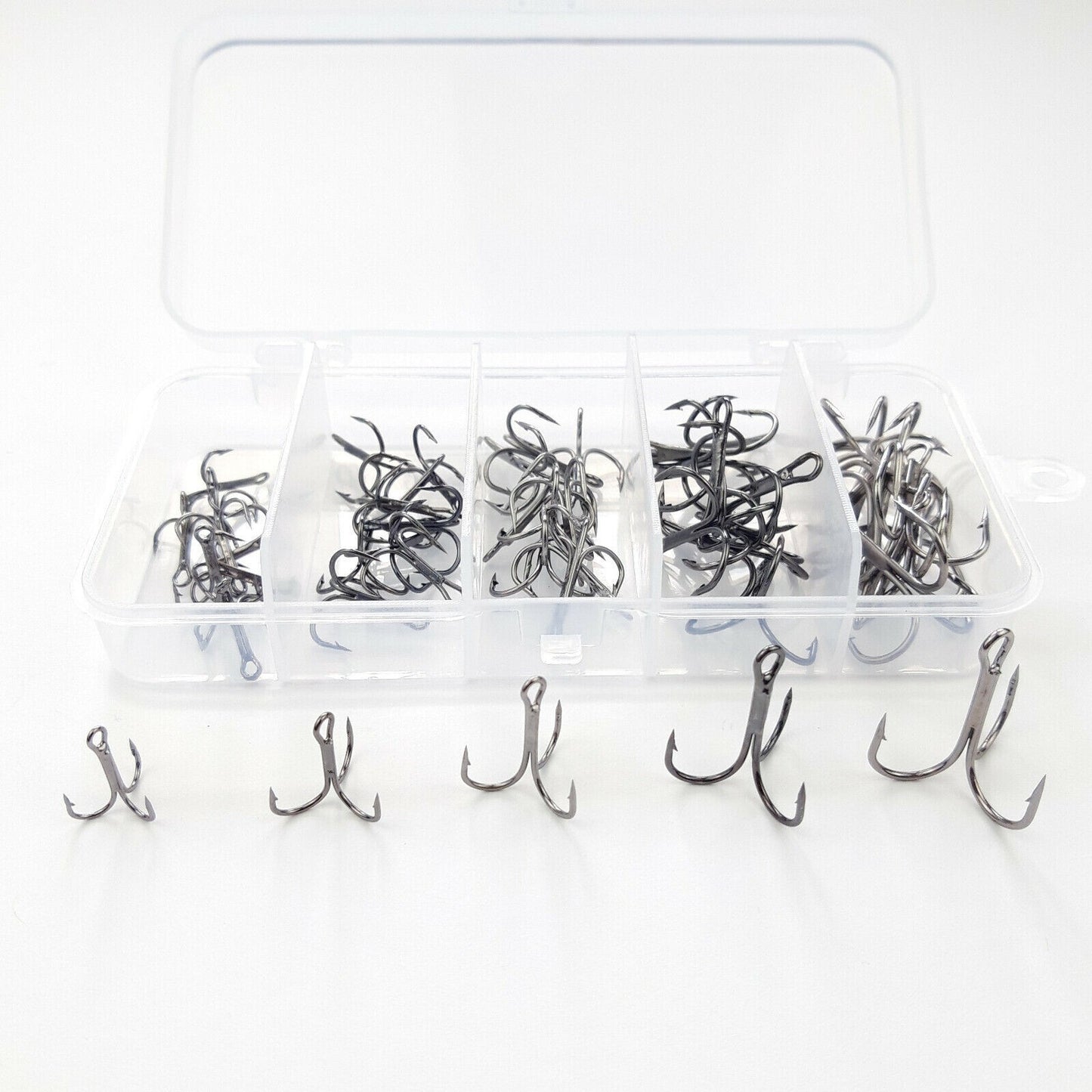 50x Drillinge Angelhaken Set #2–#10 mit Box