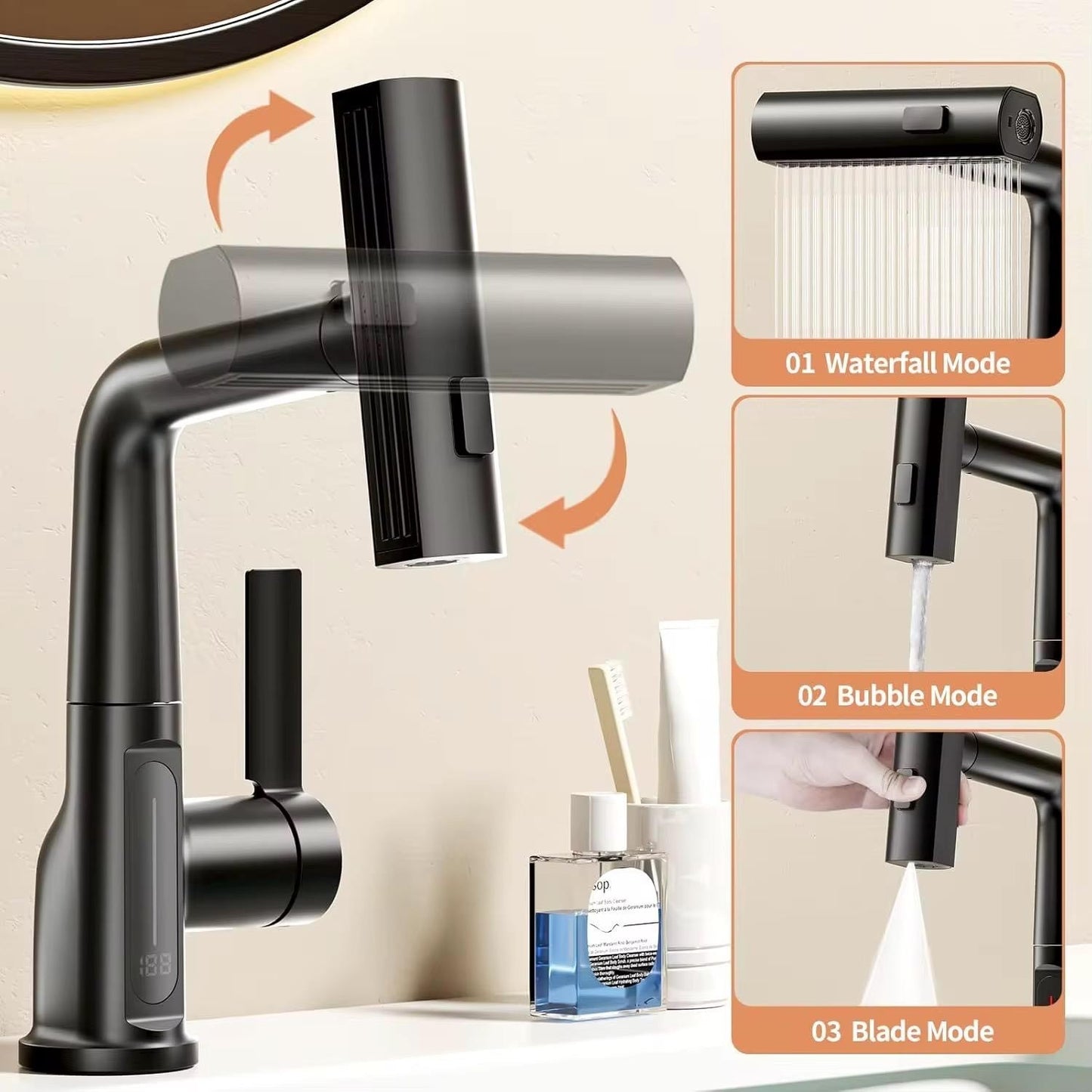 Waschtischarmatur 4-Modus Schwarz Wasserhahn mit Anschluss LED Temperaturanzeige