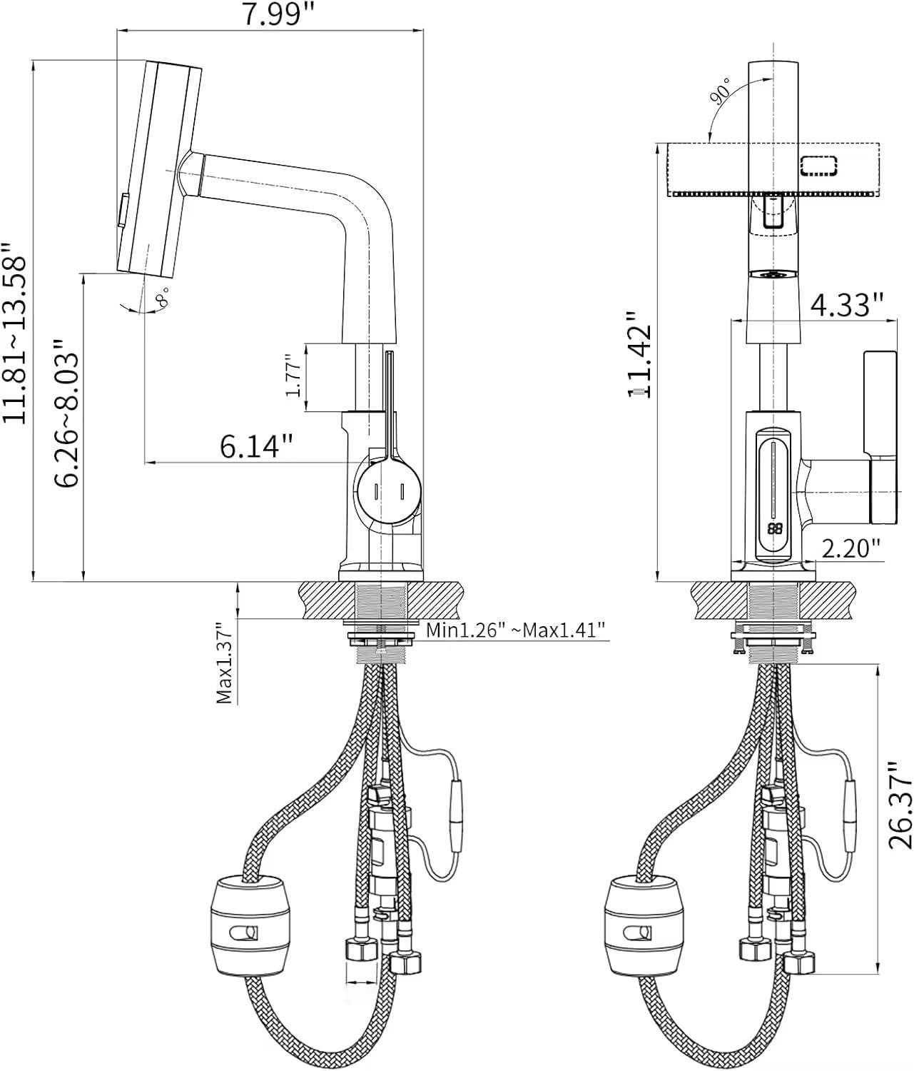 Waschtischarmatur 4-Modus Schwarz Wasserhahn mit Anschluss LED Temperaturanzeige