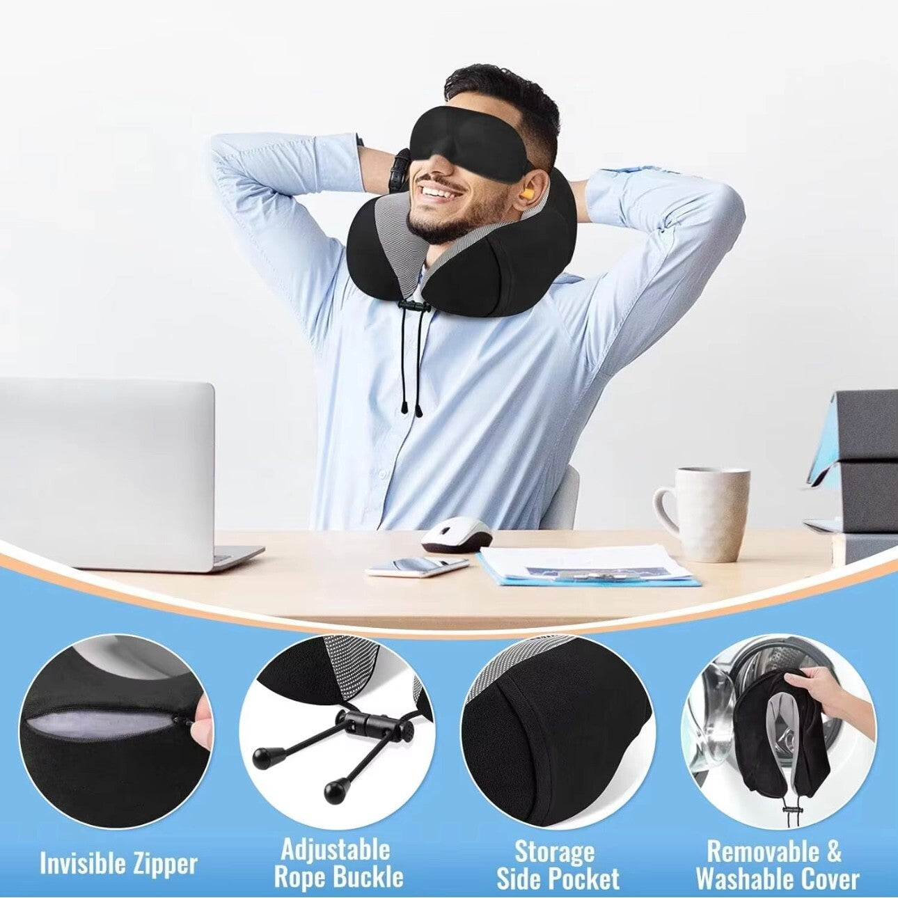 Deluxe Nackenkissen Set mit Schlafmaske & Ohrstöpsel Flugzeug Auto Nacken Kissen