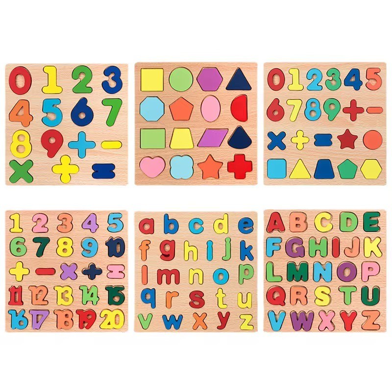 Montessori Holz Lernpuzzle Set – 6-teilig mit Buchstaben, Zahlen & Formen