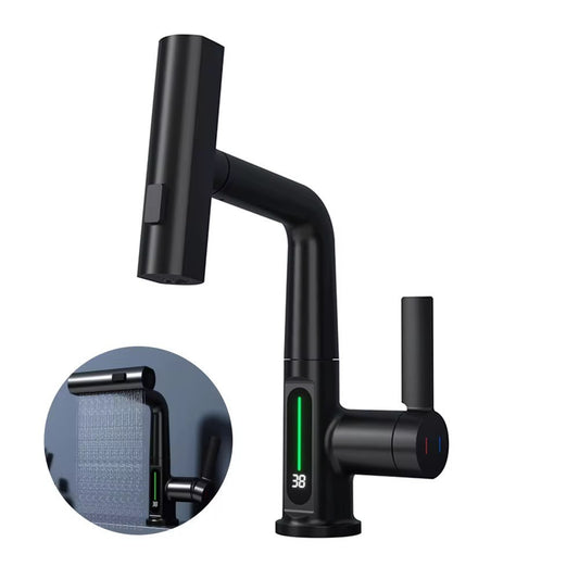 Waschtischarmatur 4-Modus Schwarz Wasserhahn mit Anschluss LED Temperaturanzeige