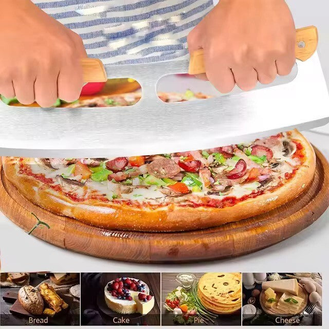 Wiegemesser / Pizzaschneider Edelstahl Klinge & Holzgriff für Pizza Kräuter & co