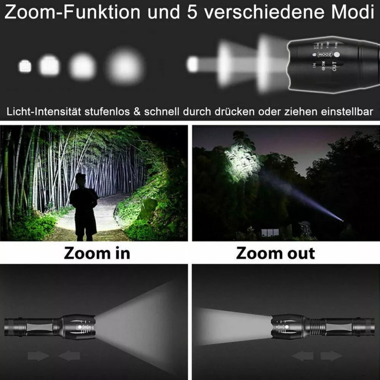 LED Taschenlampe mit Akku – USB-aufladbar mit Zoom & SOS-Funktion