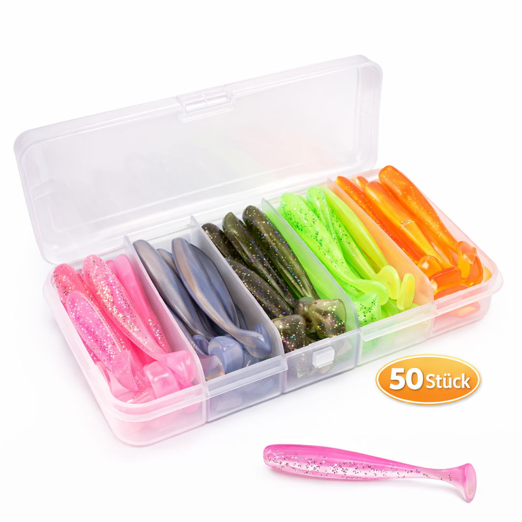 50er Gummifisch Set 7 cm – Dehnbare Softbaits mit Köderbox & T-Tail Aktion