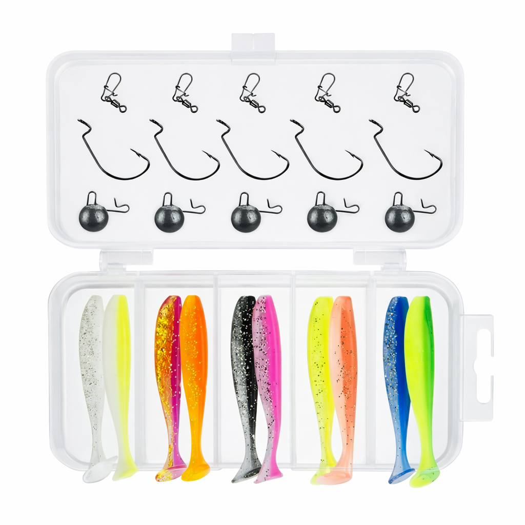 Gummifisch Set 7 cm – Jigkopf & Offset-Haken in Box