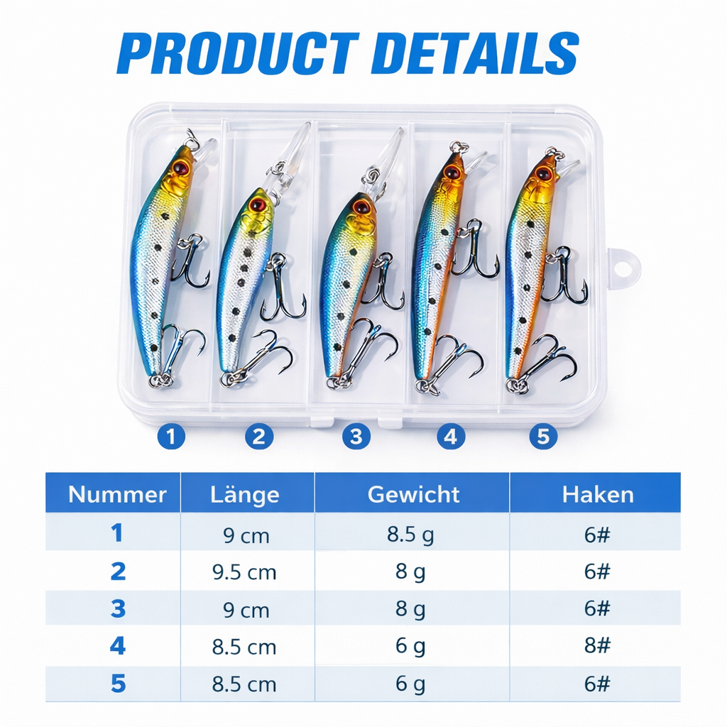 Minnow Wobbler Set – 5 Hardbait Kunstköder mit Tauchschaufel & Köderbox