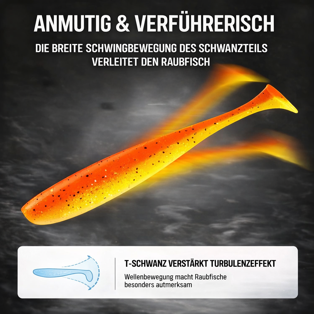 50er Gummifisch Set 7 cm – Dehnbare Softbaits mit Köderbox & T-Tail Aktion