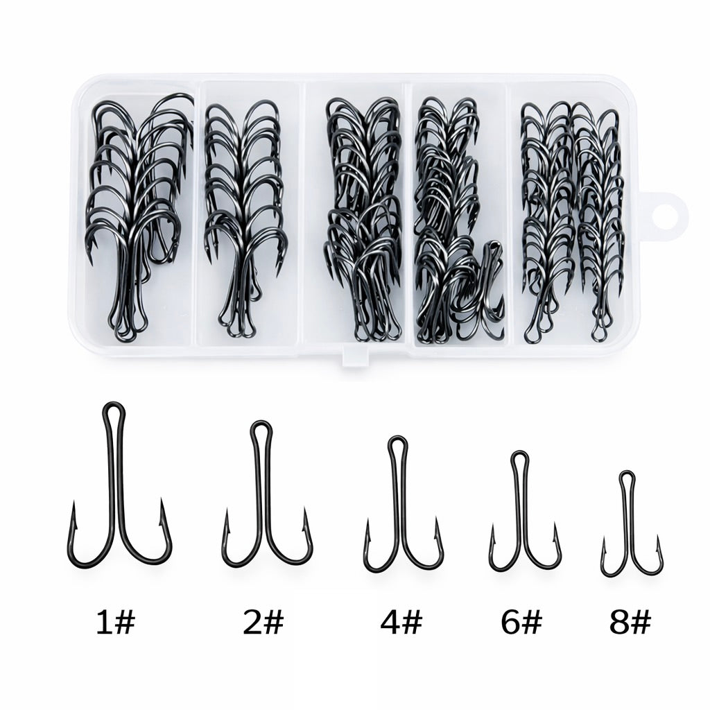 Zwillingshaken Set Box – 50 Angelhaken in 5 Größen
