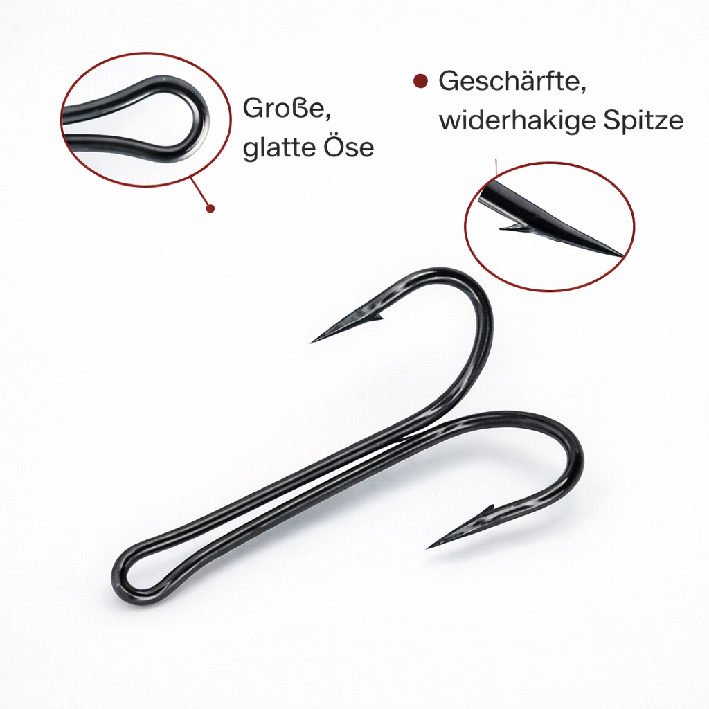 Zwillingshaken Set Box – 50 Angelhaken in 5 Größen