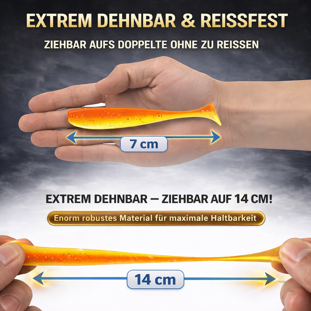 50er Gummifisch Set 7 cm – Dehnbare Softbaits mit Köderbox & T-Tail Aktion