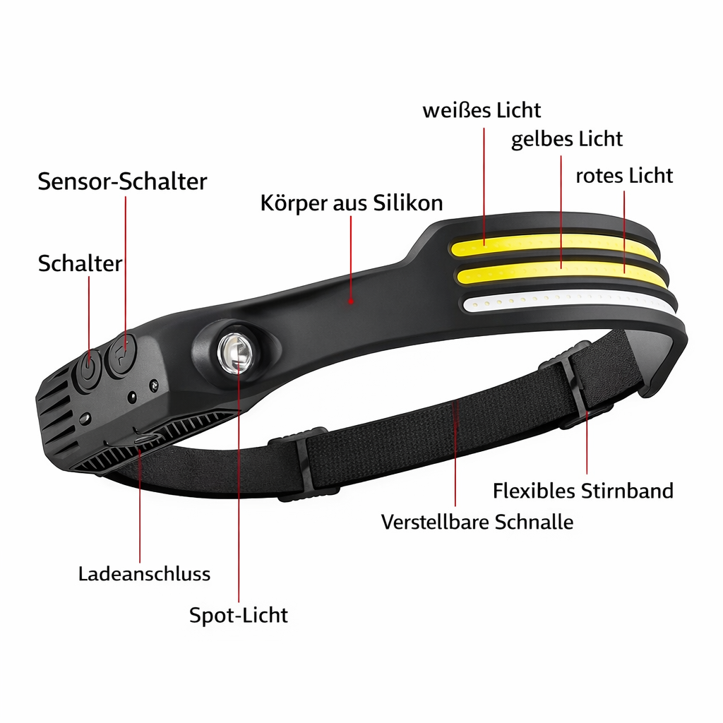 LED Stirnlampe Superleichte Weitwinkel AKKU Kopflampe mit Bewegungssensor