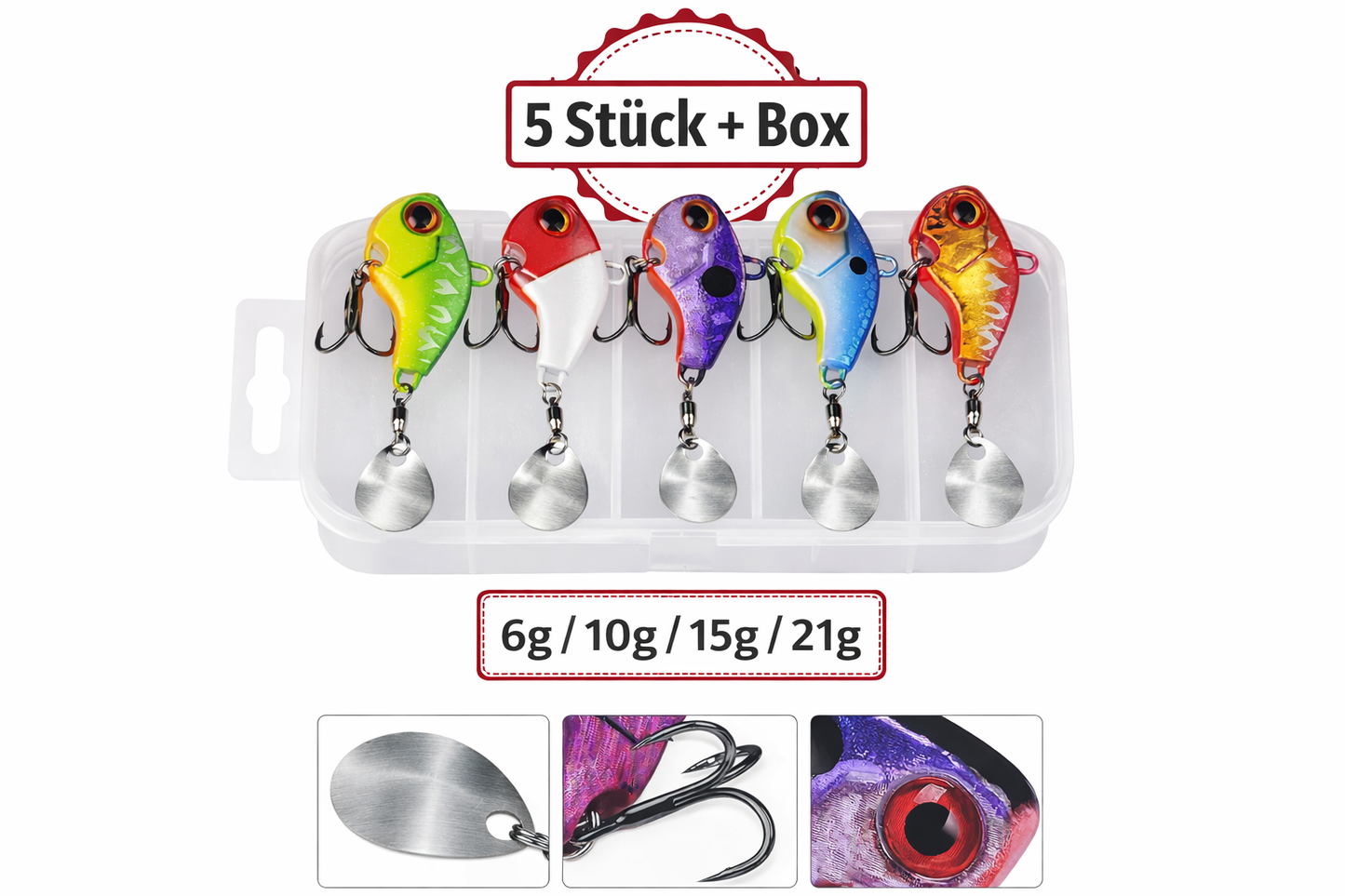 Jig Spinner Köder Set mit Box – 5 Bleikopf Spinnköder mit Metallblatt