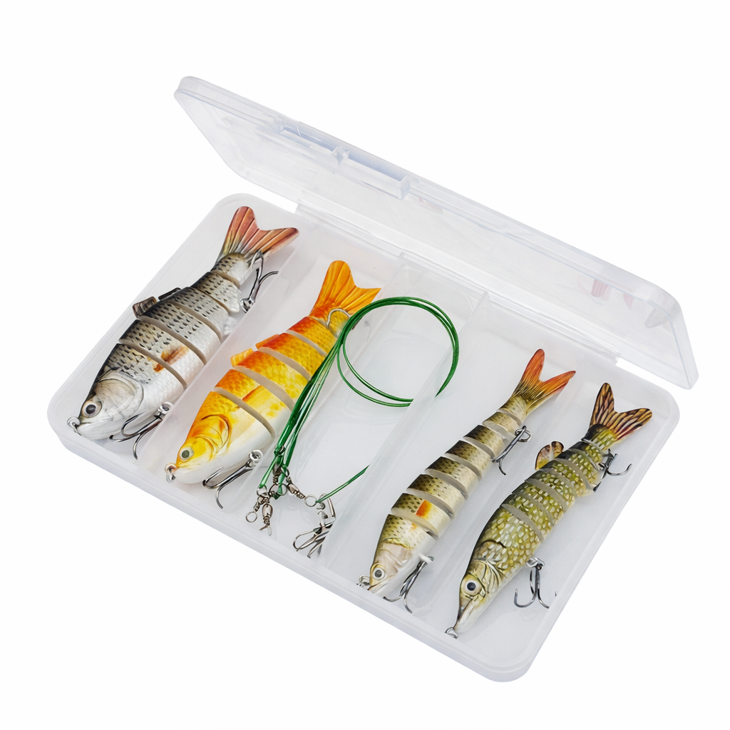 Swimbait Set 4-teilig mit Box – realistische Raubfischköder