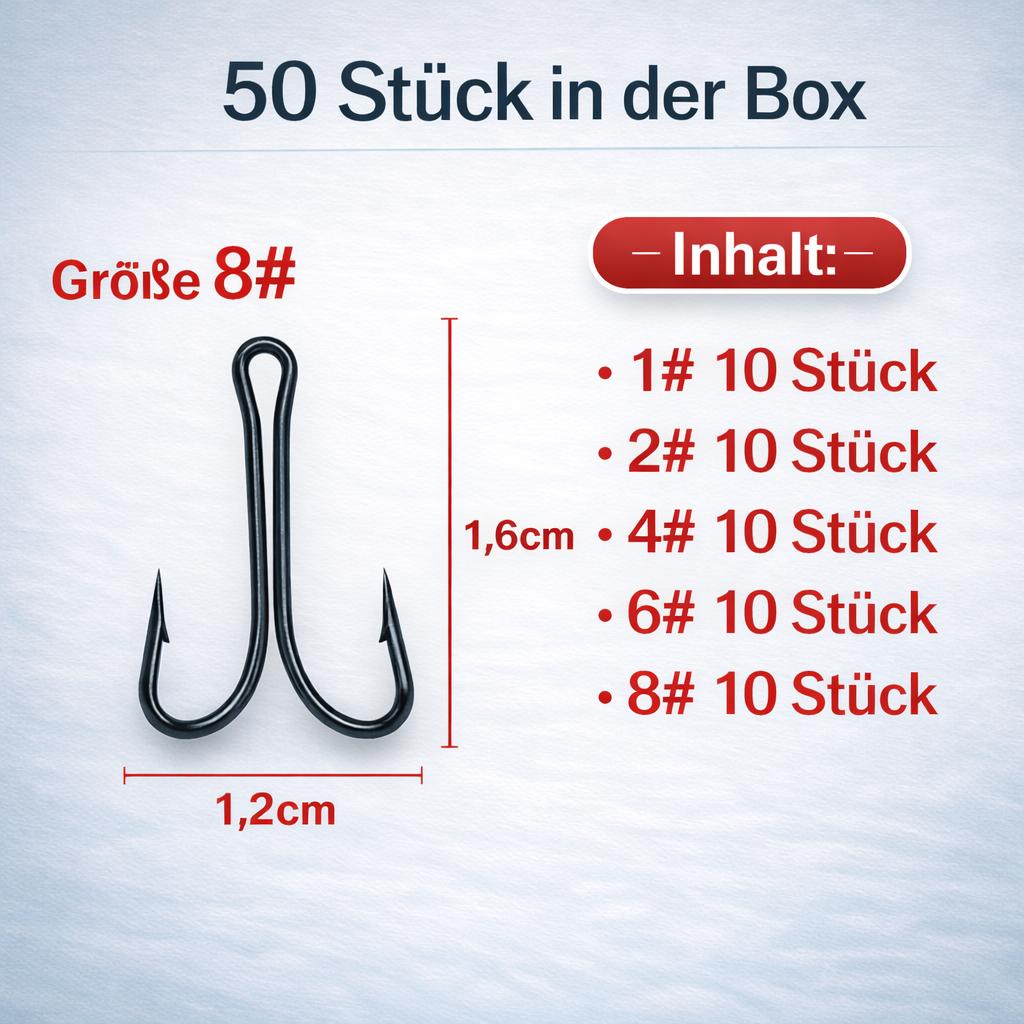 Zwillingshaken Set Box – 50 Angelhaken in 5 Größen