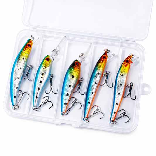 Minnow Wobbler Set – 5 Hardbait Kunstköder mit Tauchschaufel & Köderbox