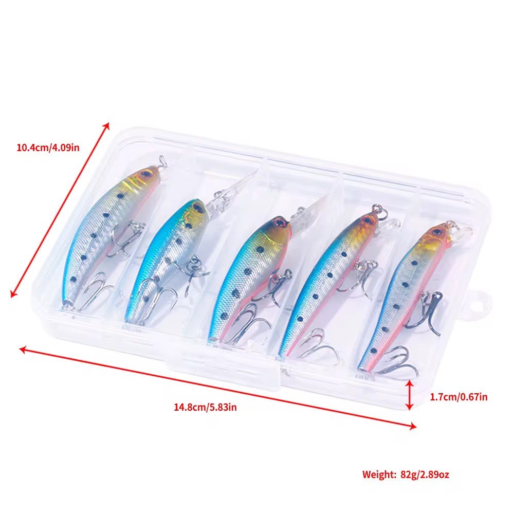 Minnow Wobbler Set – 5 Hardbait Kunstköder mit Tauchschaufel & Köderbox