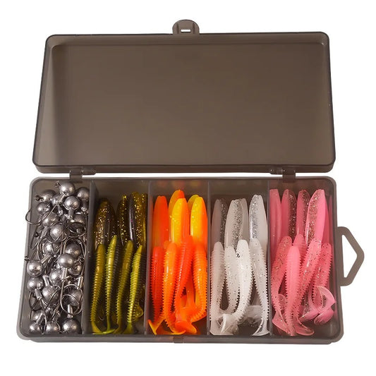 Jighaken Gummifisch Set mit Box 70 Teile Angelköder Jigkopf Haken & Gummi Shads