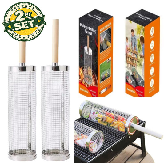2er Set Grillkorb Edelstahl – BBQ Rollkorb für Gemüse Fleisch Fisch Grillen