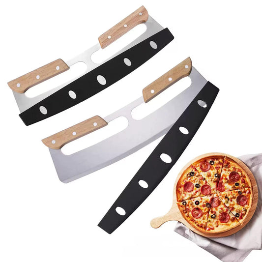 Wiegemesser / Pizzaschneider Edelstahl Klinge & Holzgriff für Pizza Kräuter & co