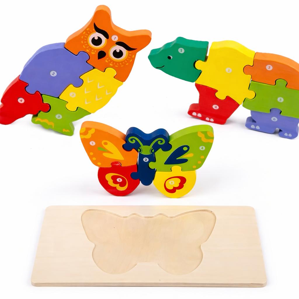 Holz Puzzle Set Kinder Lernspielzeug Schmetterling Eule Bär Steckpuzzle