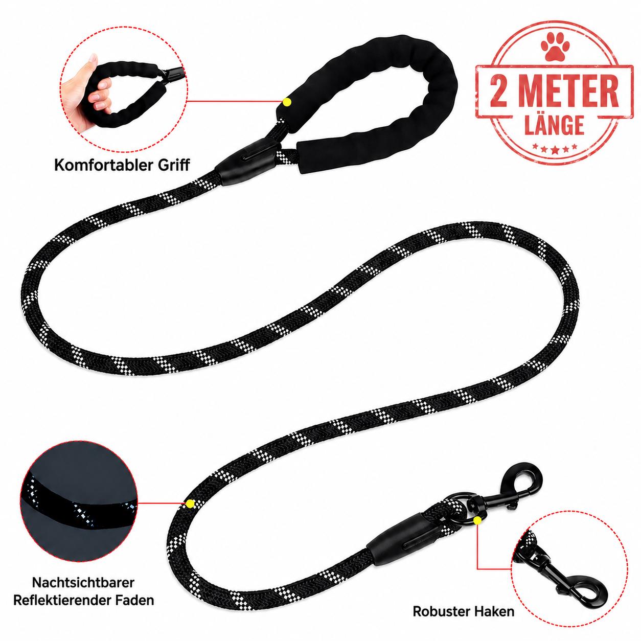 Hundeleine 2m Reflektierende Seilleine Softgriff & Karabiner Robuste Hunde Leine