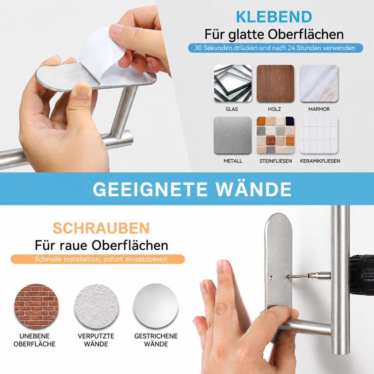 Küchenrollenhalter Silber Edelstahl zum Kleben oder Bohren Handtuch Wand Halter