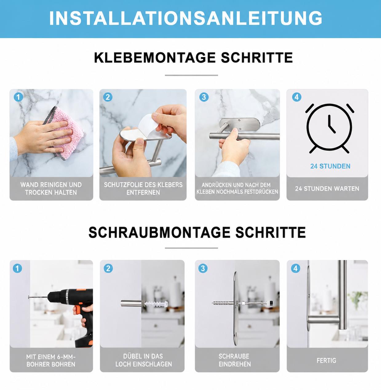 Küchenrollenhalter Silber Edelstahl zum Kleben oder Bohren Handtuch Wand Halter